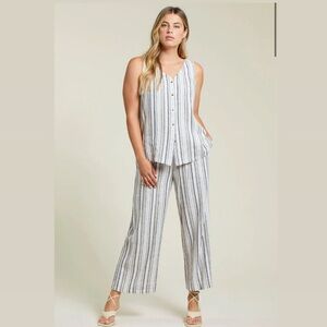 Tribal‎ Striped Linen 2 Piece Blouse Pant Set Womens Size Medium Boho Wide Leg